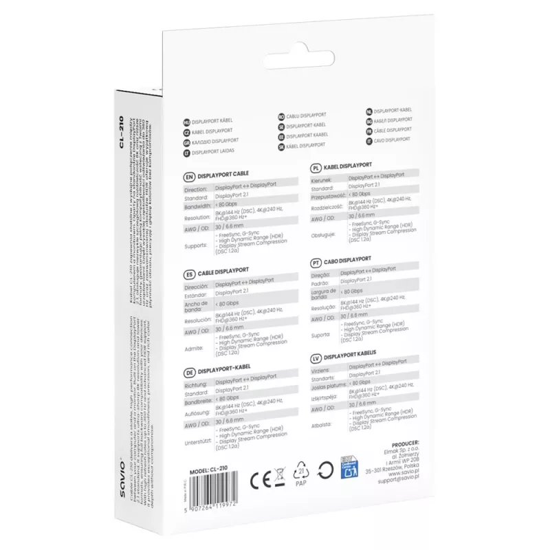 SAVIO CL-210 DisplayPort 2.1 Kabel 2m Czarny