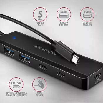 AXAGON HUE-C2C hub podróżny USB-C 5 Gbps, 2x USB-A + 2x USB-C, USB-C Power IN, kabel 19 cm