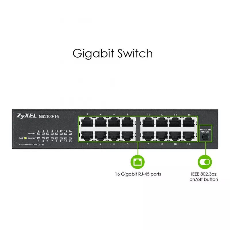 ZyXEL GS1100-16E 16-Port Gigabit Niezarządzalny Przełącznik Metalowy