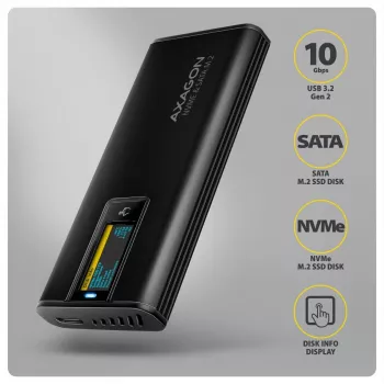 AXAGON EEM2-SD2B Obudowa zewnętrzna 10Gbps M.2 NVMe/SATA SSD z wyświetlaczem LED, USB-C, Czarny