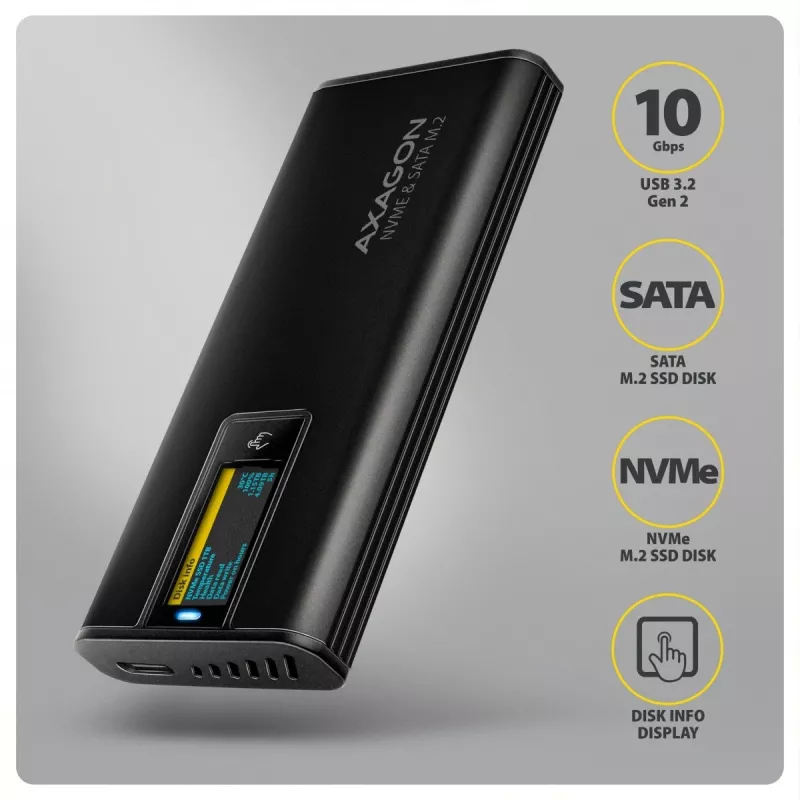 AXAGON EEM2-SD2B Obudowa zewnętrzna 10Gbps M.2 NVMe/SATA SSD z wyświetlaczem LED, USB-C, Czarny