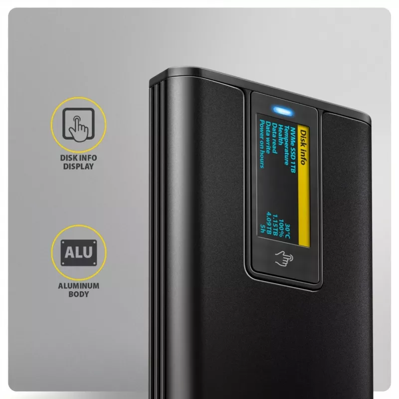 AXAGON EEM2-SD2B Obudowa zewnętrzna 10Gbps M.2 NVMe/SATA SSD z wyświetlaczem LED, USB-C, Czarny