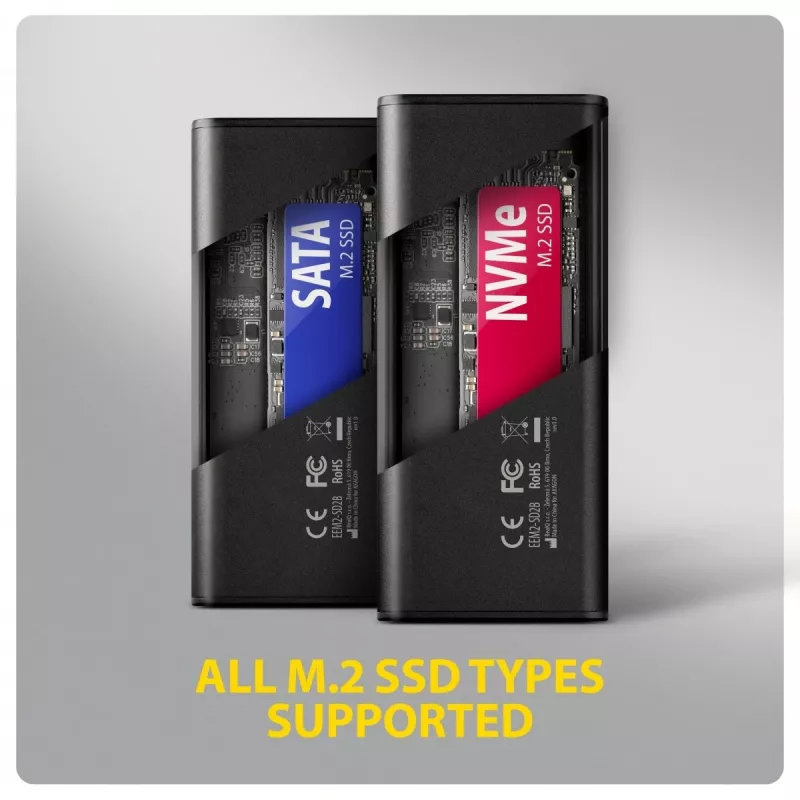 AXAGON EEM2-SD2B Obudowa zewnętrzna 10Gbps M.2 NVMe/SATA SSD z wyświetlaczem LED, USB-C, Czarny