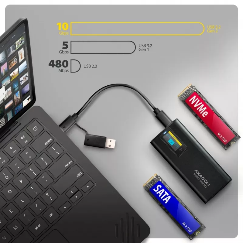 AXAGON EEM2-SD2B Obudowa zewnętrzna 10Gbps M.2 NVMe/SATA SSD z wyświetlaczem LED, USB-C, Czarny