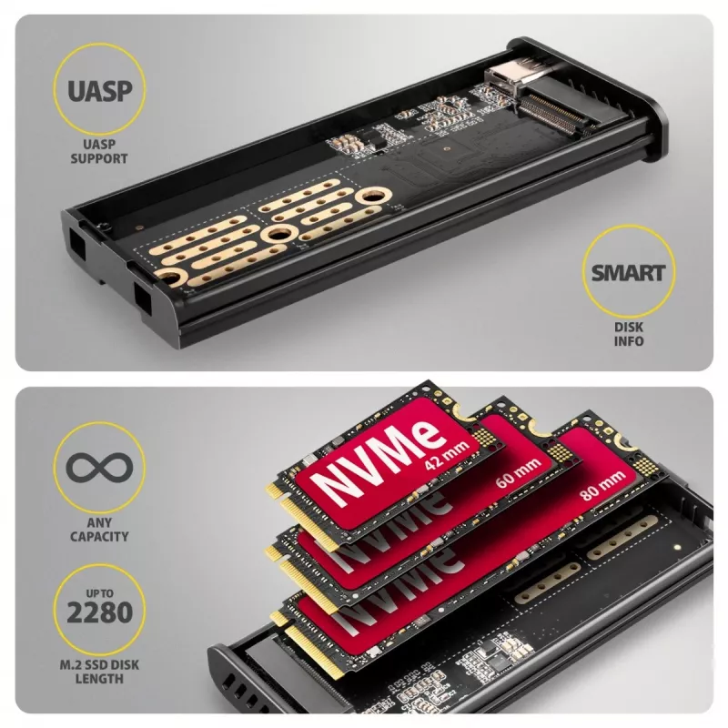 AXAGON EEM2-SD2B Obudowa zewnętrzna 10Gbps M.2 NVMe/SATA SSD z wyświetlaczem LED, USB-C, Czarny