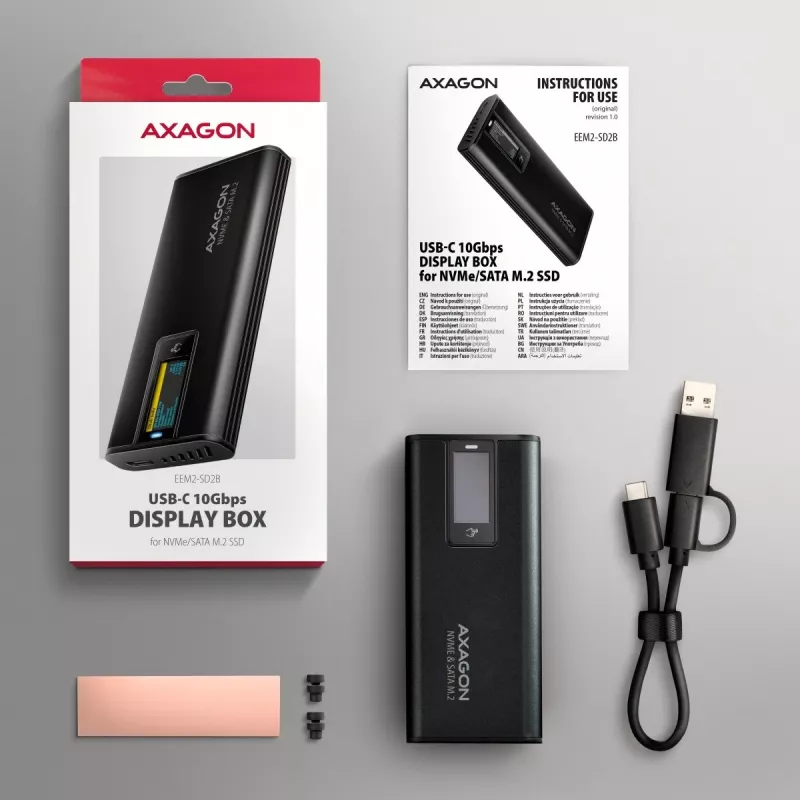 AXAGON EEM2-SD2B Obudowa zewnętrzna 10Gbps M.2 NVMe/SATA SSD z wyświetlaczem LED, USB-C, Czarny