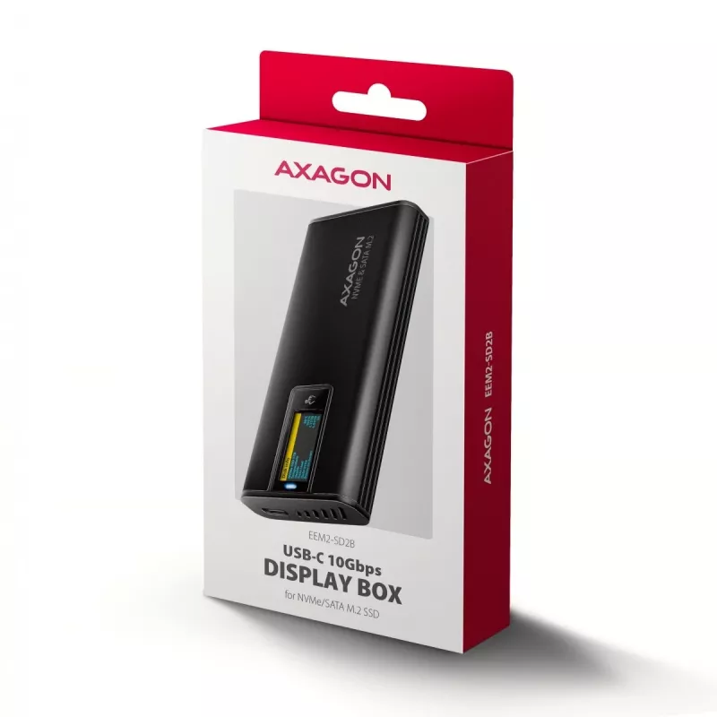 AXAGON EEM2-SD2B Obudowa zewnętrzna 10Gbps M.2 NVMe/SATA SSD z wyświetlaczem LED, USB-C, Czarny