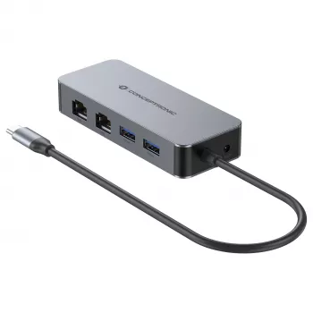 CONCEPTRONIC USB-C na 2x Gigabit Ethernet + 2x USB-A 3.2 Gen 1 Adapter, 0,3 m, Szary