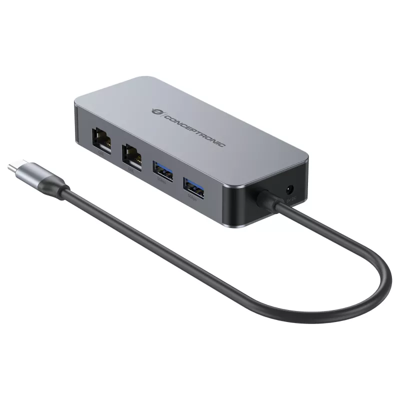 CONCEPTRONIC USB-C na 2x Gigabit Ethernet + 2x USB-A 3.2 Gen 1 Adapter, 0,3 m, Szary