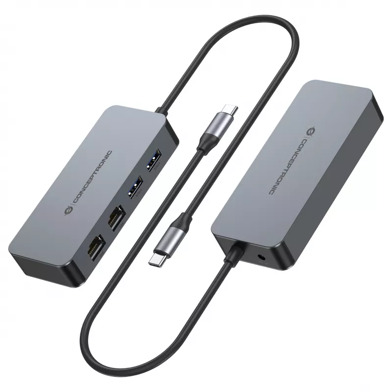 CONCEPTRONIC USB-C na 2x Gigabit Ethernet + 2x USB-A 3.2 Gen 1 Adapter, 0,3 m, Szary