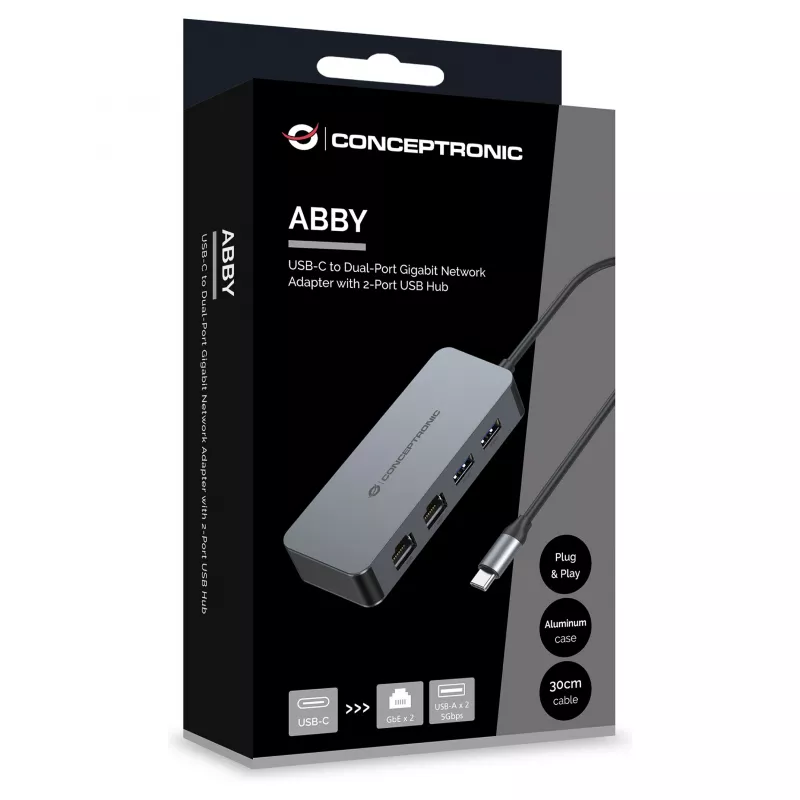 CONCEPTRONIC USB-C na 2x Gigabit Ethernet + 2x USB-A 3.2 Gen 1 Adapter, 0,3 m, Szary