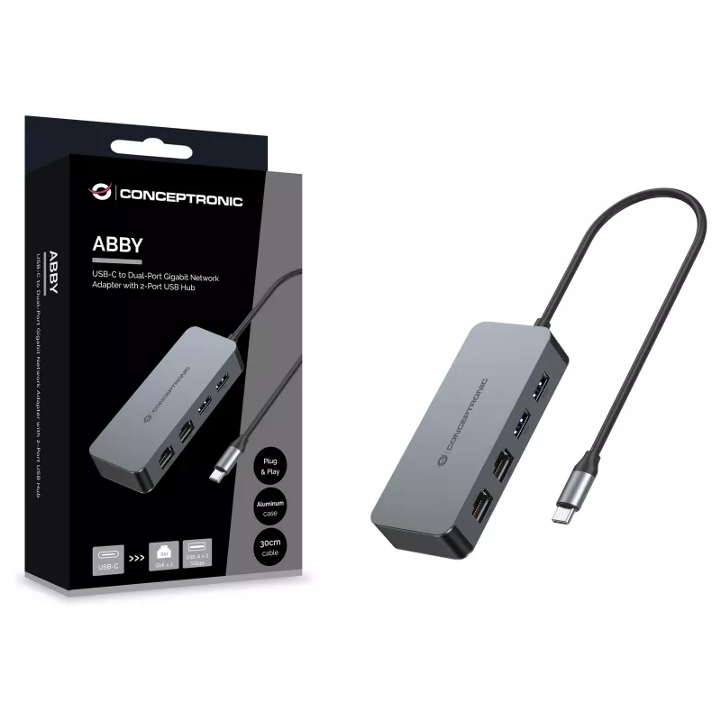 CONCEPTRONIC USB-C na 2x Gigabit Ethernet + 2x USB-A 3.2 Gen 1 Adapter, 0,3 m, Szary