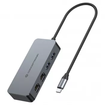 CONCEPTRONIC USB-C na 2x Gigabit Ethernet + 2x USB-A 3.2 Gen 1 Adapter, 0,3 m, Szary