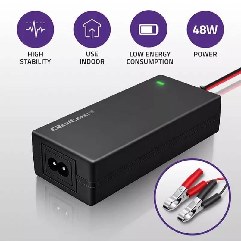 Qoltec 52665 Automatyczna ładowarka akumulatorów do akumulatorów AGM GEL STD, 24V 2A 48W, wskaźnik LED, kabel 1,8m