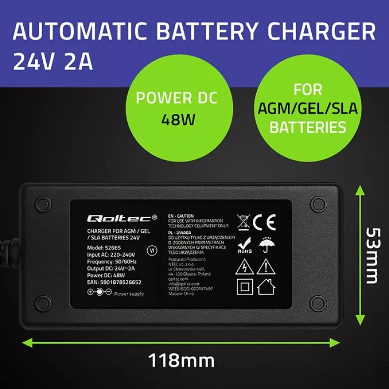 Qoltec 52665 Automatyczna ładowarka akumulatorów do akumulatorów AGM GEL STD, 24V 2A 48W, wskaźnik LED, kabel 1,8m