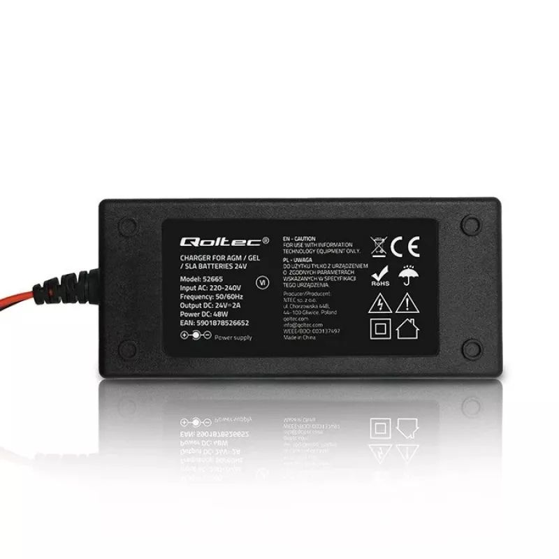 Qoltec 52665 Automatyczna ładowarka akumulatorów do akumulatorów AGM GEL STD, 24V 2A 48W, wskaźnik LED, kabel 1,8m