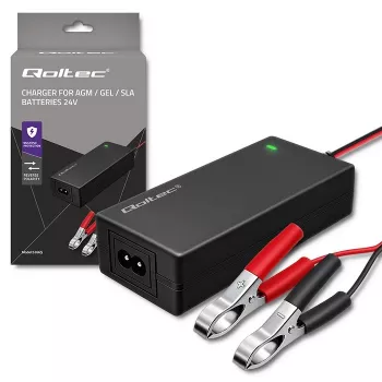 Qoltec 52665 Automatyczna ładowarka akumulatorów do akumulatorów AGM GEL STD, 24V 2A 48W, wskaźnik LED, kabel 1,8m
