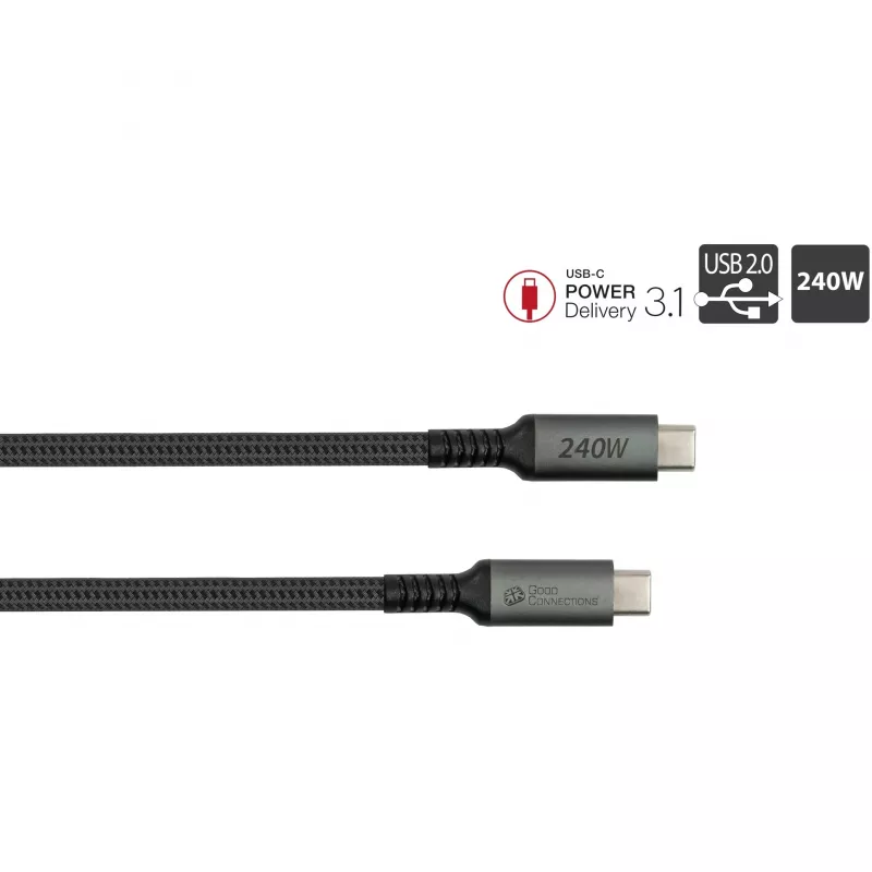 GoodConnections USB-C 2.0 (ST-ST) 3m Connection Cable Textile Jacket 240W Anthracite