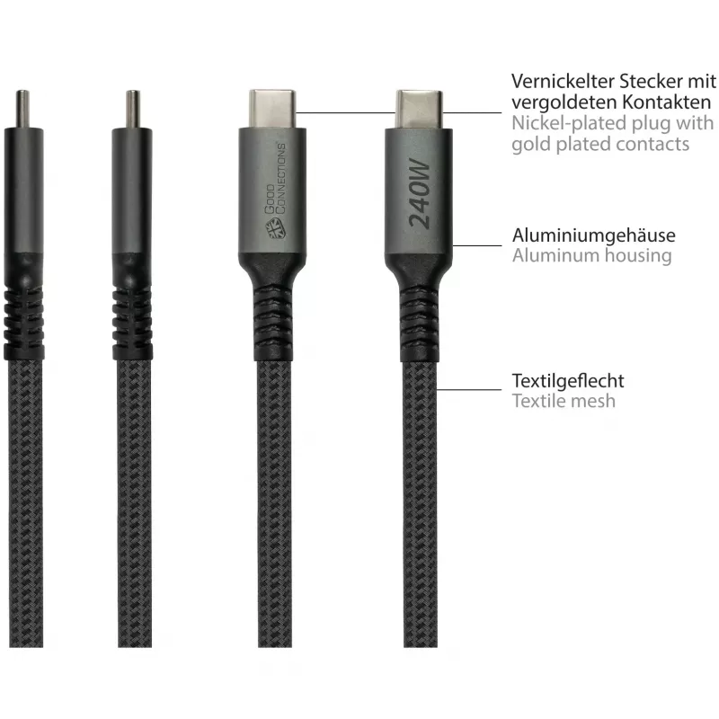 GoodConnections USB-C 2.0 (ST-ST) 3m Connection Cable Textile Jacket 240W Anthracite