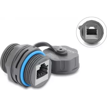 Delock RJ45 żeński do RJ45 żeński złączka przewodu Cat.6A z gwintem M23,5 x 1,5 mm i zaślepką IP68 pyłoszczelna i wodoodporna szary (87157)