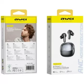 AWEI T229 ANC AI True Wireless Earbuds z tłumaczeniem w czasie rzeczywistym, aktywną redukcją szumów, Bluetooth 5.0, IPX4, do 20h pracy na baterii, czarny