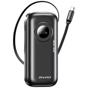 AWEI PowerBank PA-9 10000mAh 22.5W z wysuwanym kablem Czarny