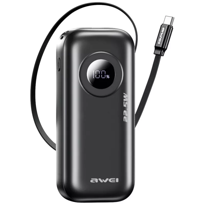 AWEI PowerBank PA-9 10000mAh 22.5W z wysuwanym kablem Czarny