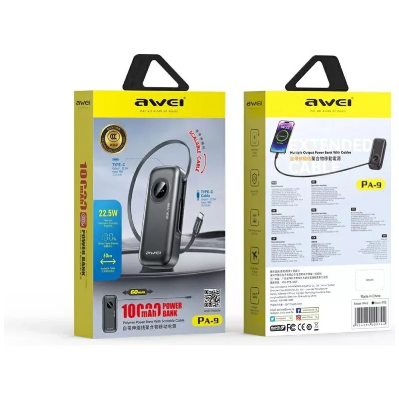 AWEI PowerBank PA-9 10000mAh 22.5W z wysuwanym kablem Czarny
