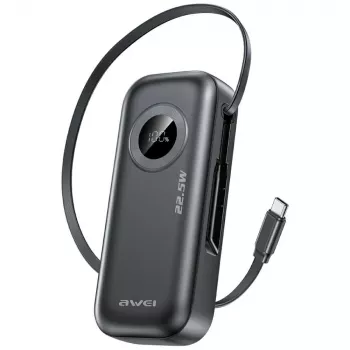 AWEI PowerBank PA-9 10000mAh 22.5W z wysuwanym kablem Czarny