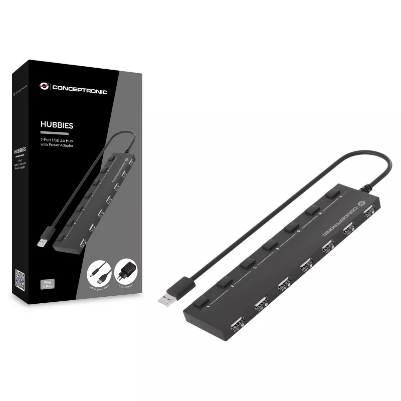 Conceptronic 7-portowy hub USB 2.0 z zasilaczem - czarny (HUBBIES08BP)