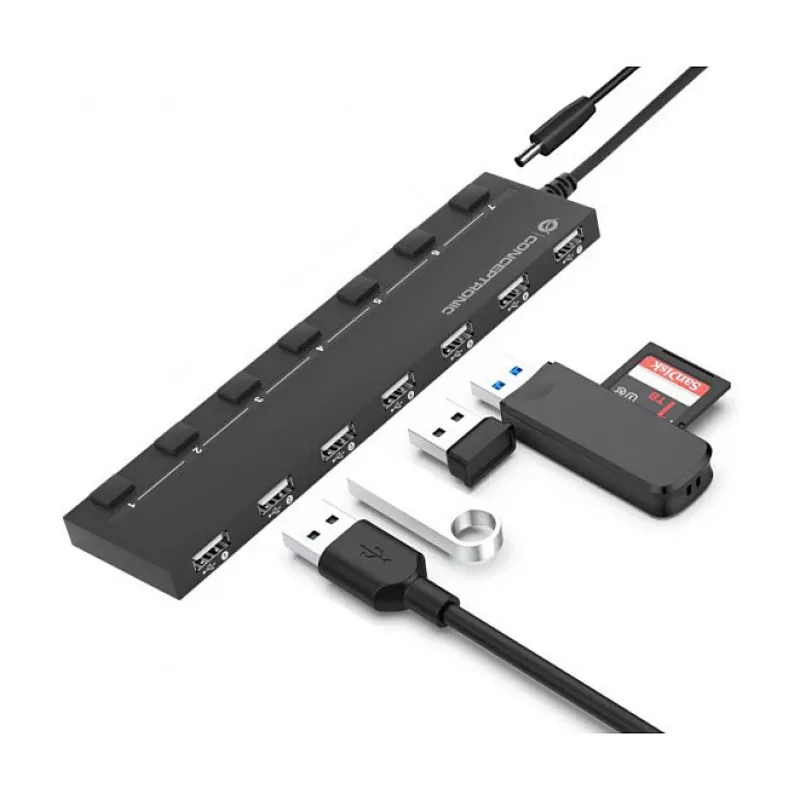 Conceptronic 7-portowy hub USB 2.0 z zasilaczem - czarny (HUBBIES08BP)