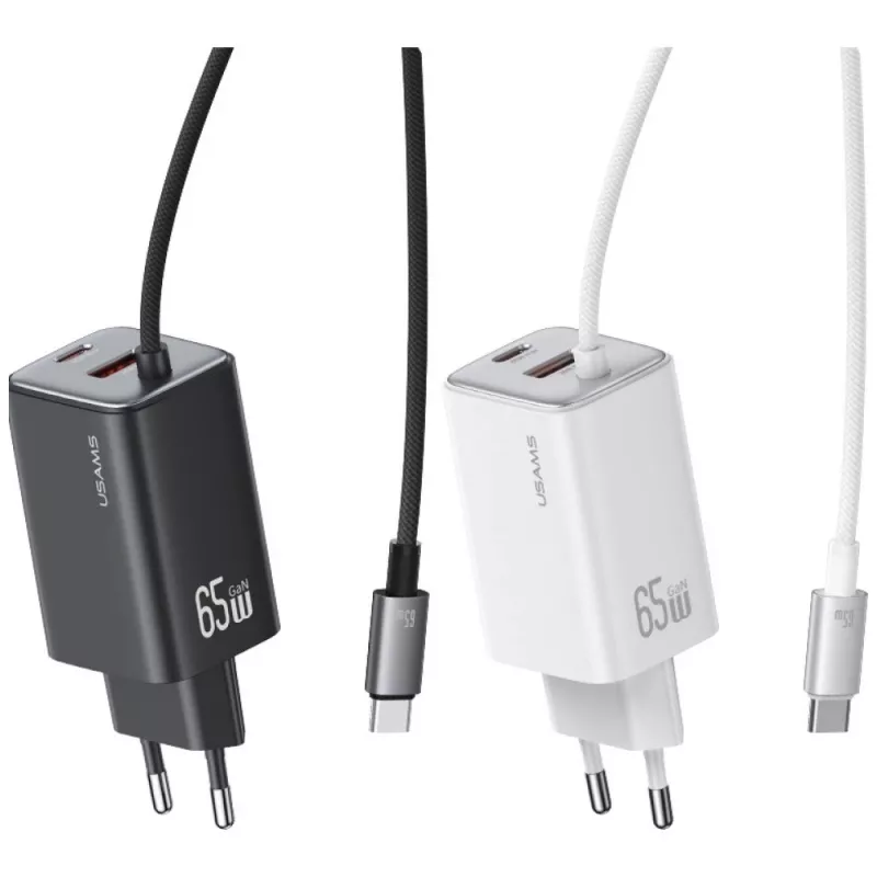 USAMS JC Series CC266 65W GaN Fast Charger 2xUSB-C 1xUSB-A z wbudowanym kablem USB-C 1.5m Biały
