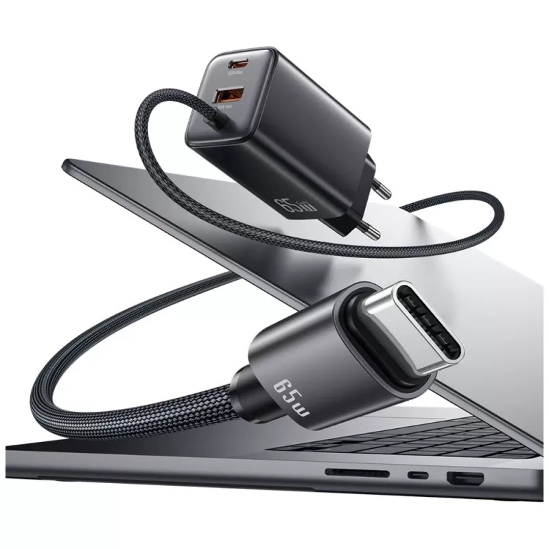 USAMS JC Series CC266 65W GaN Fast Charger 2xUSB-C 1xUSB-A z wbudowanym kablem USB-C 1.5m Biały