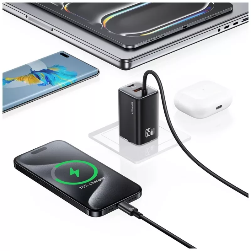 USAMS JC Series CC266 65W GaN Fast Charger 2xUSB-C 1xUSB-A z wbudowanym kablem USB-C 1.5m Biały