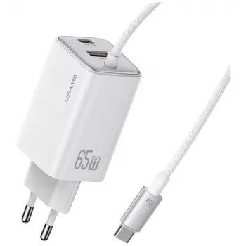 USAMS JC Series CC266 65W GaN Fast Charger 2xUSB-C 1xUSB-A z wbudowanym kablem USB-C 1.5m Biały