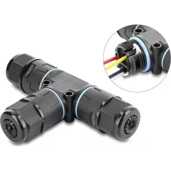 Delock T-Shape Cable Connector 3-Pin Clamp Terminal IP68 Waterproof for Cable Diameter 5-9 mm incl. Seals for 9-12 mm, Tool-Free, Black (87244)