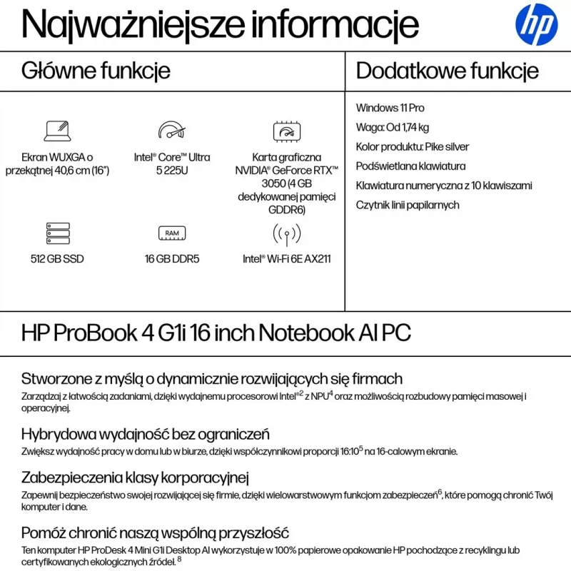 HP ProBook 4 G1i 16 cali WUXGA Intel Core Ultra 5 225U 16GB RAM 512GB SSD Windows 11 Pro
