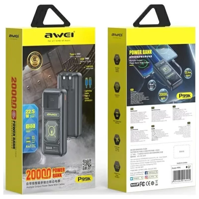 AWEI PowerBank P99K 20000mAh 22.5W Czarny