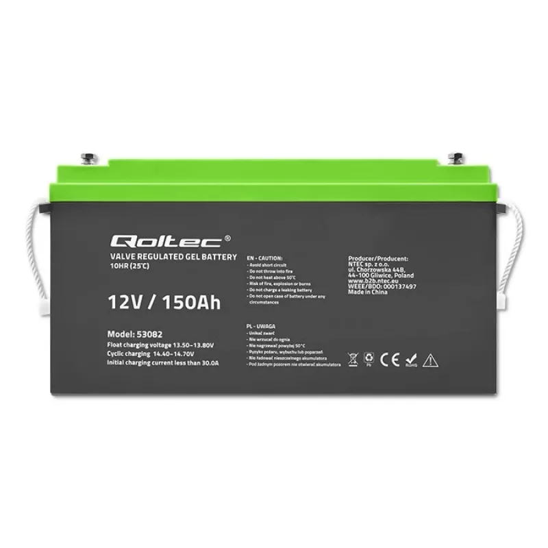 Qoltec 12V 150Ah Akumulator Żelowy (GEL) - VRLA, Bezobsługowy, 41,8kg