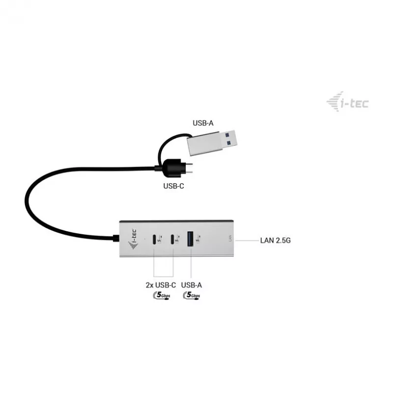 I-TEC USB-C/USB-A Metal Hub 3 - 2x USB-C 3.2 Gen 1, 1x USB-A 3.2 Gen 1, 2.5G LAN, Space Gray