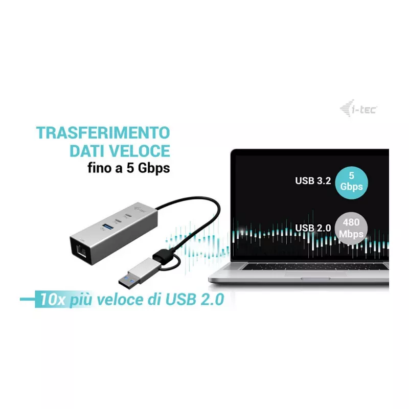 I-TEC USB-C/USB-A Metal Hub 3 - 2x USB-C 3.2 Gen 1, 1x USB-A 3.2 Gen 1, 2.5G LAN, Space Gray