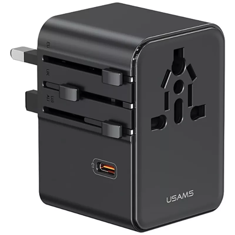 USAMS Travel Adapter CC310 70W 3xUSB-C US/AU/EU/UK Czarny