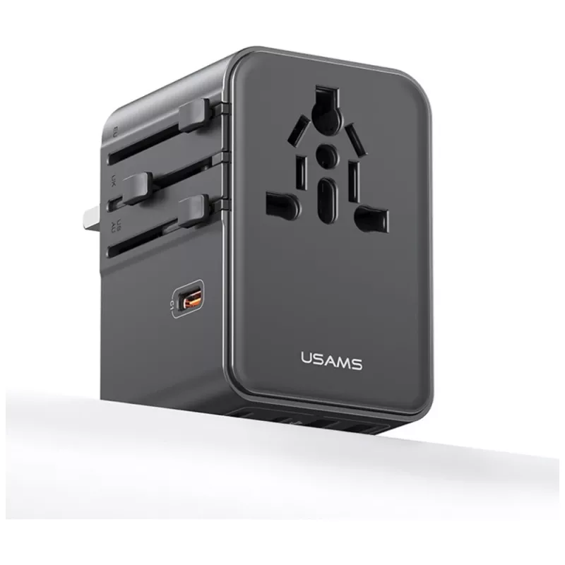 USAMS Travel Adapter CC310 70W 3xUSB-C US/AU/EU/UK Czarny