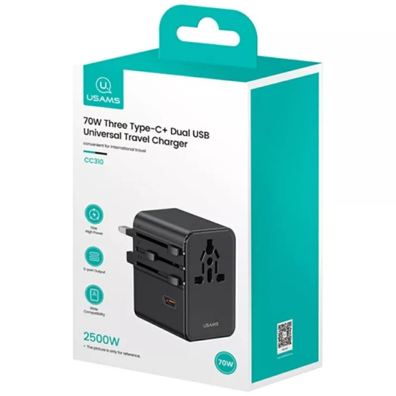 USAMS Travel Adapter CC310 70W 3xUSB-C US/AU/EU/UK Czarny