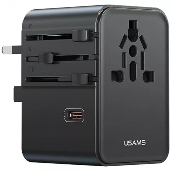 USAMS Travel Adapter CC310 70W 3xUSB-C US/AU/EU/UK Czarny