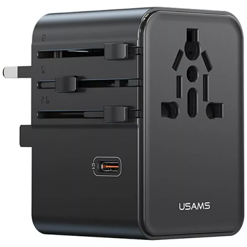 USAMS Travel Adapter CC310 70W 3xUSB-C US/AU/EU/UK Czarny