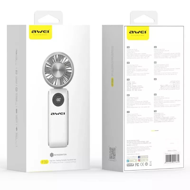 AWEI F39 Fast Ice Mini Hand Fan, Ice White, 3600mAh, Turbo Cooling, 5 Speeds, USB-C