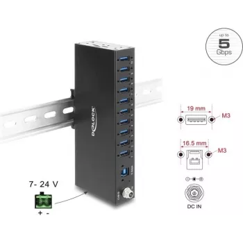 Delock Industrial Hub 10 x USB 5 Gbps Type-A z ochroną ESD 8 kV i montażem na szynę DIN (60792)