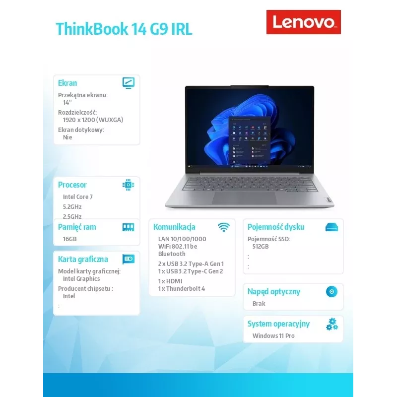 Laptop Lenovo ThinkBook 14 G9 IRL Intel Core 7 240H 16GB 512GB SSD 14.0 cala WUXGA Arctic Grey Windows 11 Pro 3Y Onsite + 1Y CID + CO2 Offset