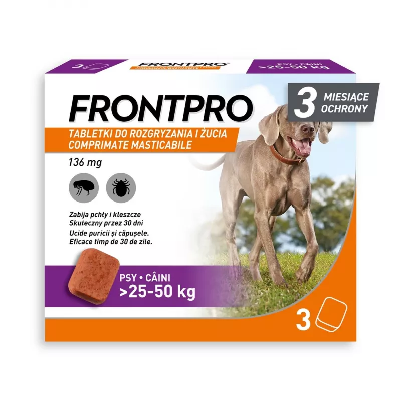 FRONTPRO Tabletki przeciwpchełne i przeciwkleszczowe dla psów (25-50 kg) - 3x 136 mg Afoksolaner Tabletki do żucia